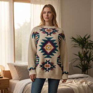 Vtg Womens Tulchan 100% Cotton Fair Isle Cottagecore Christmas  Cream Size M